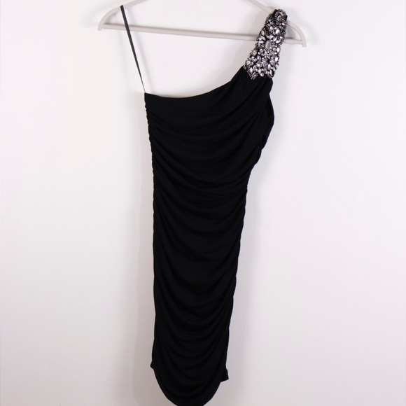 One shoulder black ruched dress/ homecoming dress/ club dress - Picture 3 of 14